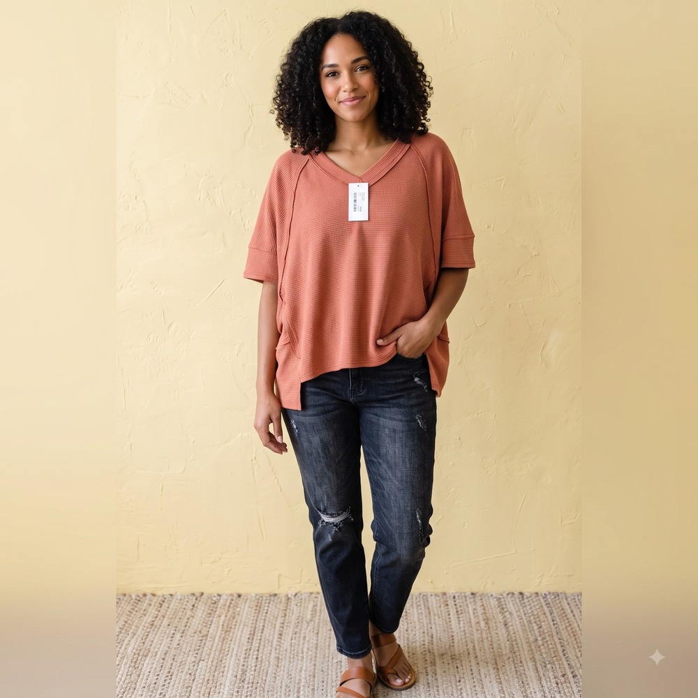 NEW Womens Rust Orange Textured‎ Waffle Knit V-Neck Oversized
